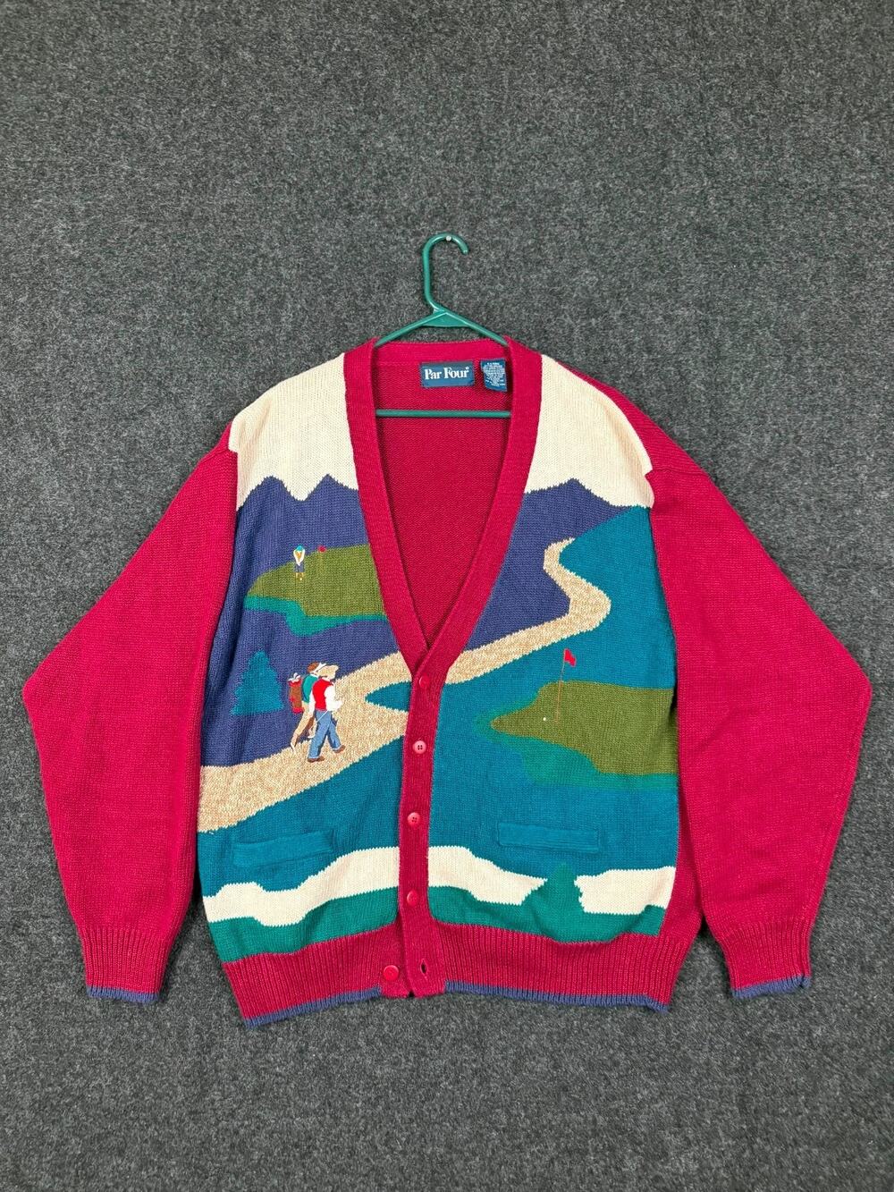 Par Four Golf Course Cardigan Sweater XL Vintage 90s Cotton Ramie Golfer Knit
